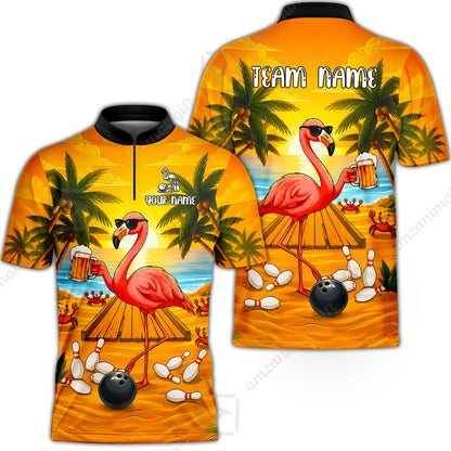 Customized Bowling Shirt, Beer & Flamingo Bowler Summer Vibe, Personalized Polo Shirt For Players With Name & Team Name