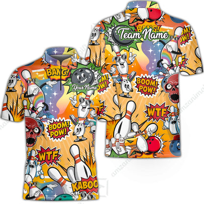 Custom Bowling Jersey Polo Shirt, Pop Art Bowling Blast Custom Bowling Jersey Team Shirt For Players With Name & Team Name