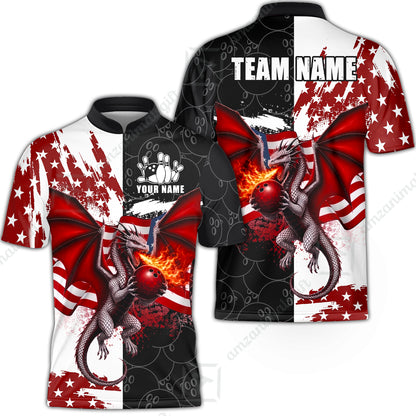 Custom Bowling Jersey Polo Shirt, Patriotic Fire Dragon Split Contrast, Custom Bowling Jersey Team Shirt For Players With Name and Team Name