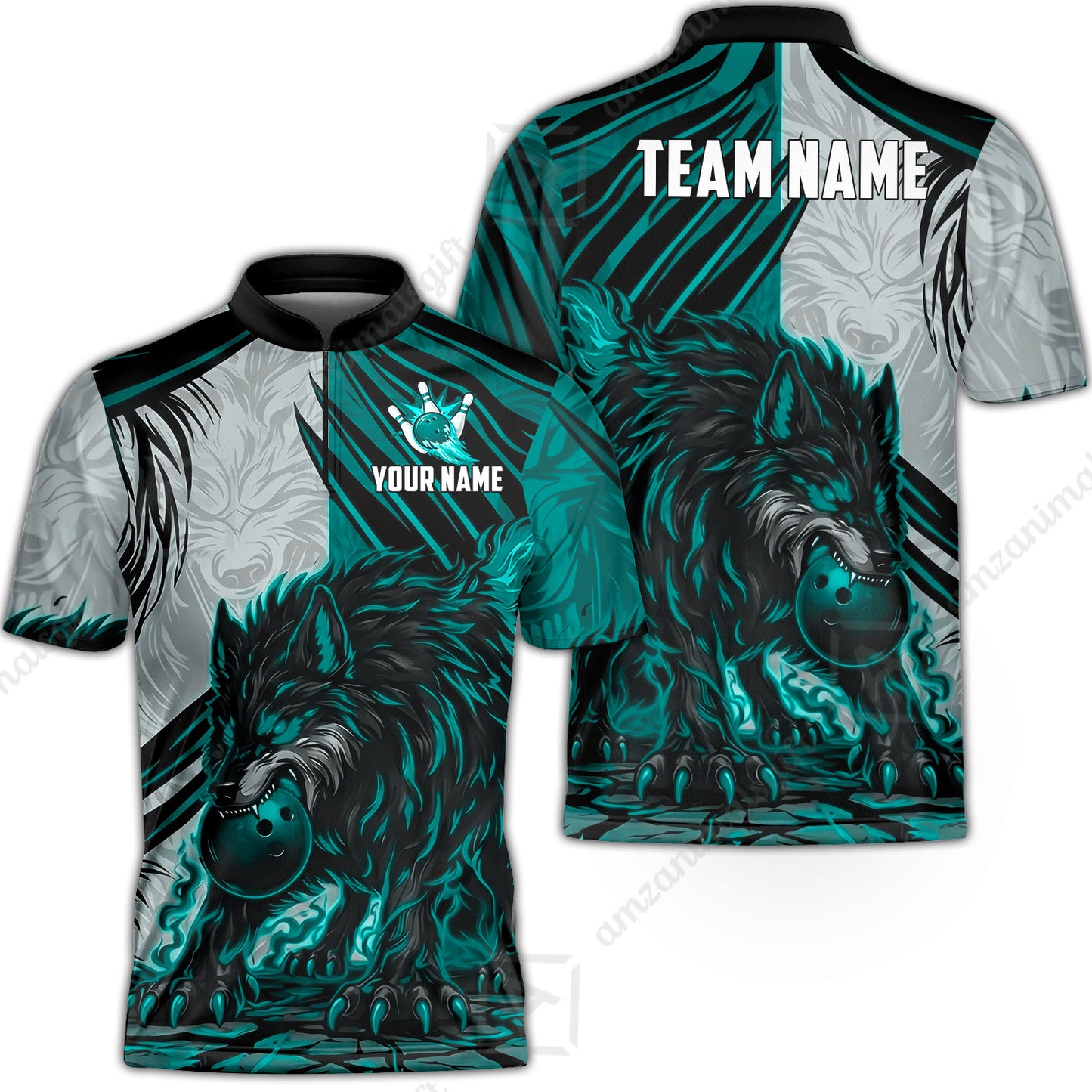 Custom Bowling Jersey Polo Shirt, Lone Wolf Strike & Emerald Frost, Custom Bowling Jersey Team Shirt For Players With Name & Team Name