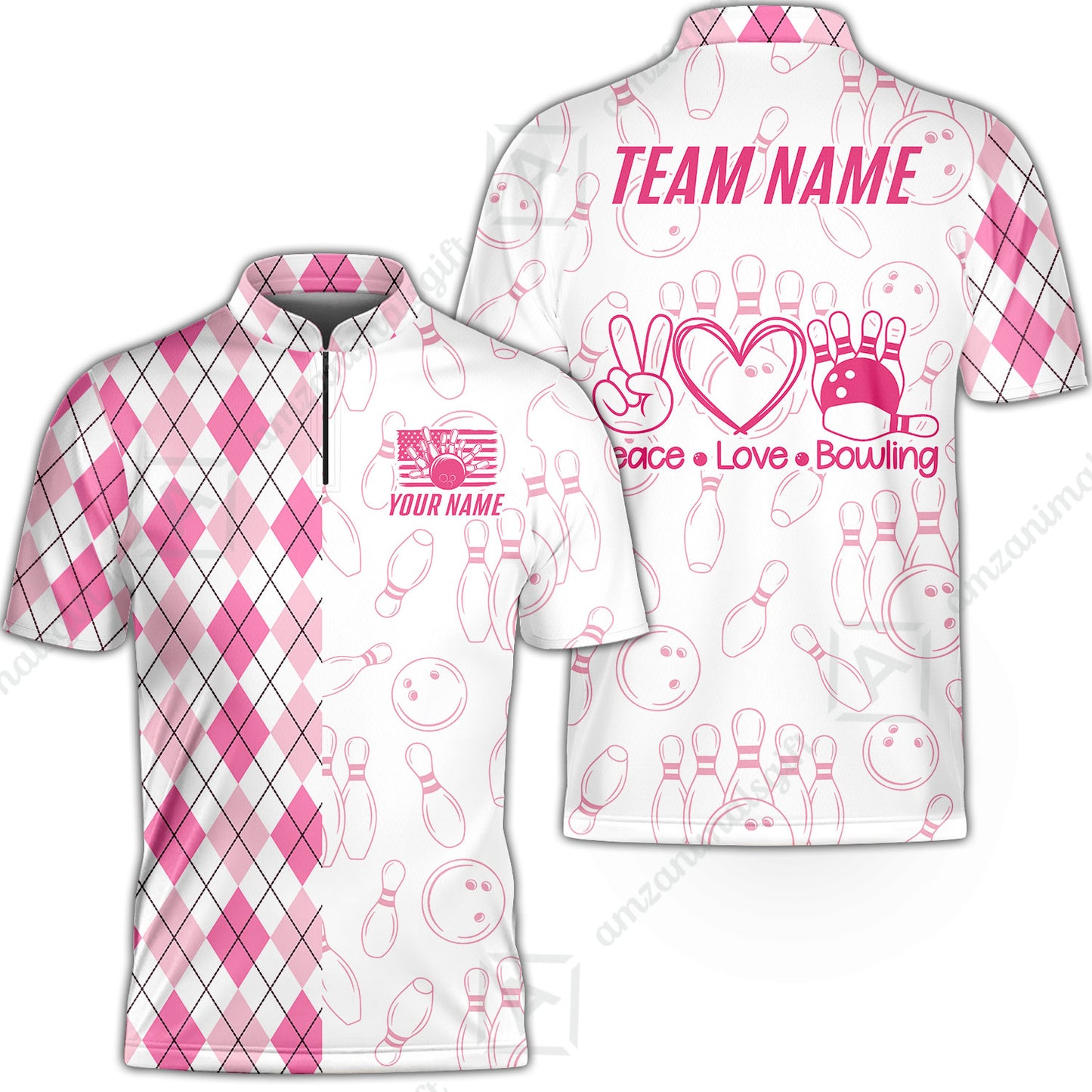 Custom Women Polo Shirt, Argyle Bowling Peace Love, Custom Bowling Women Polo Team Shirt For Players With Name & Team Name