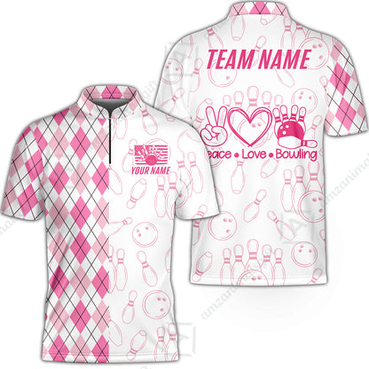 Custom Women Polo Shirt, Argyle Bowling Peace Love, Custom Bowling Women Polo Team Shirt For Players With Name & Team Name