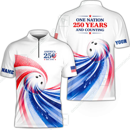 Custom Bowling Jersey Polo Shirt, One Nation 250 Years And Counting, Personalize Name and Team Name