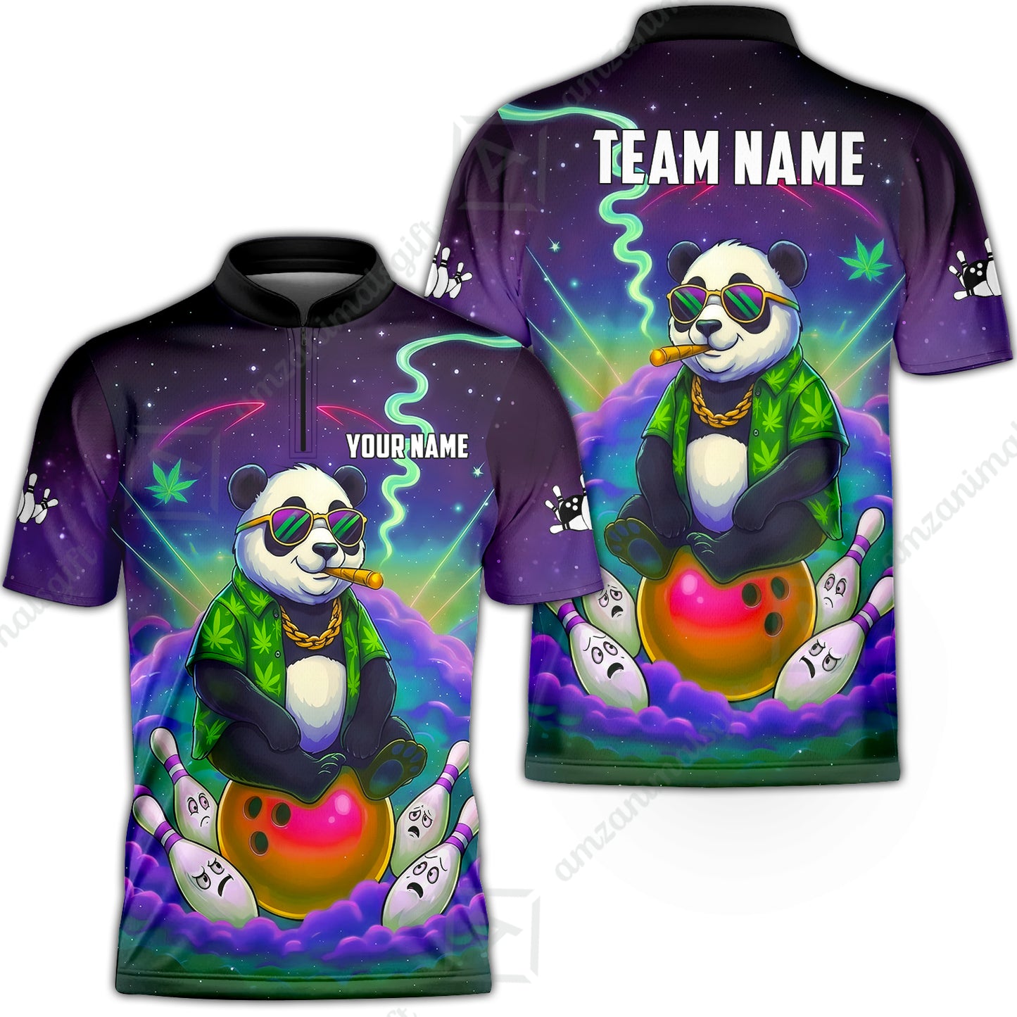 Custom Bowling Jersey Polo Shirt, Chill Panda & Cosmic Vibe, Custom Bowling Jersey Team Shirt For Players With Name & Team Name