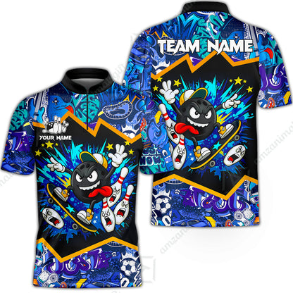Customized Bowling Unisex Polo Shirt, Skater Bowling Ball Attack, Bowling Uniform, Personalized Name And Team Name
