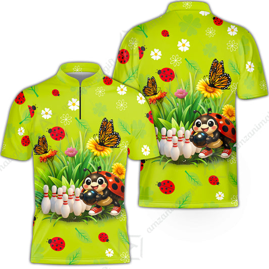Custom Bowling Jersey Polo Shirt, Whimsical Ladybug Garden Nature, Custom Bowling Jersey Team Shirt For Players With Name & Team Name