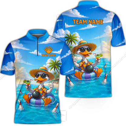 Custom Bowling Jersey Polo Shirt, Tropical Beach Duck Vacation Bowling, Custom Bowling Jersey Team Shirt For Players With Name and Team Name