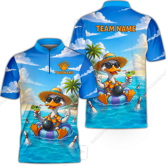 Custom Bowling Jersey Polo Shirt, Tropical Beach Duck Vacation Bowling, Custom Bowling Jersey Team Shirt For Players With Name and Team Name