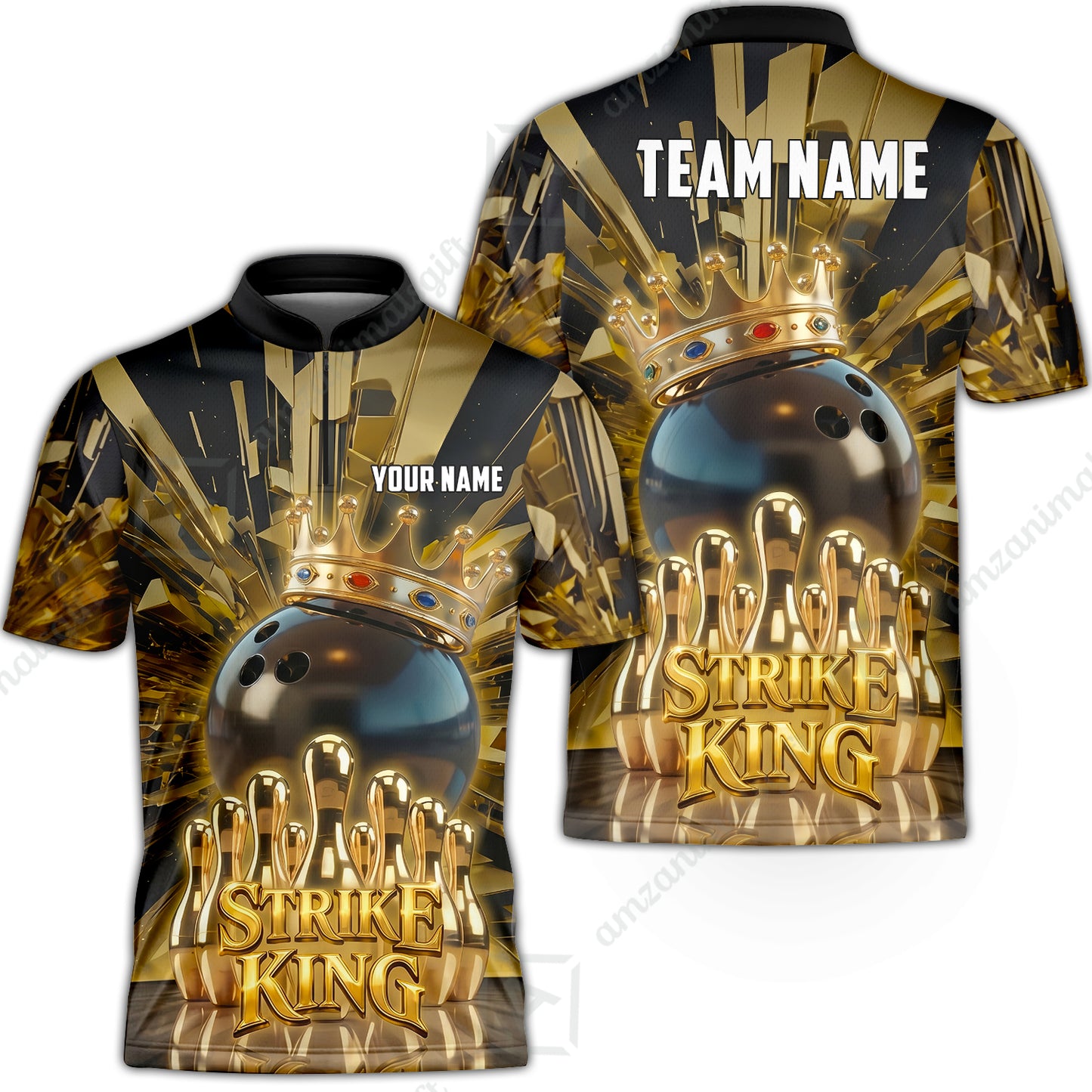 Custom Bowling Jersey Polo Shirt, Luxury Gold Strike King Crown, Custom Bowling Jersey Team Shirt For Players With Name and Team Name