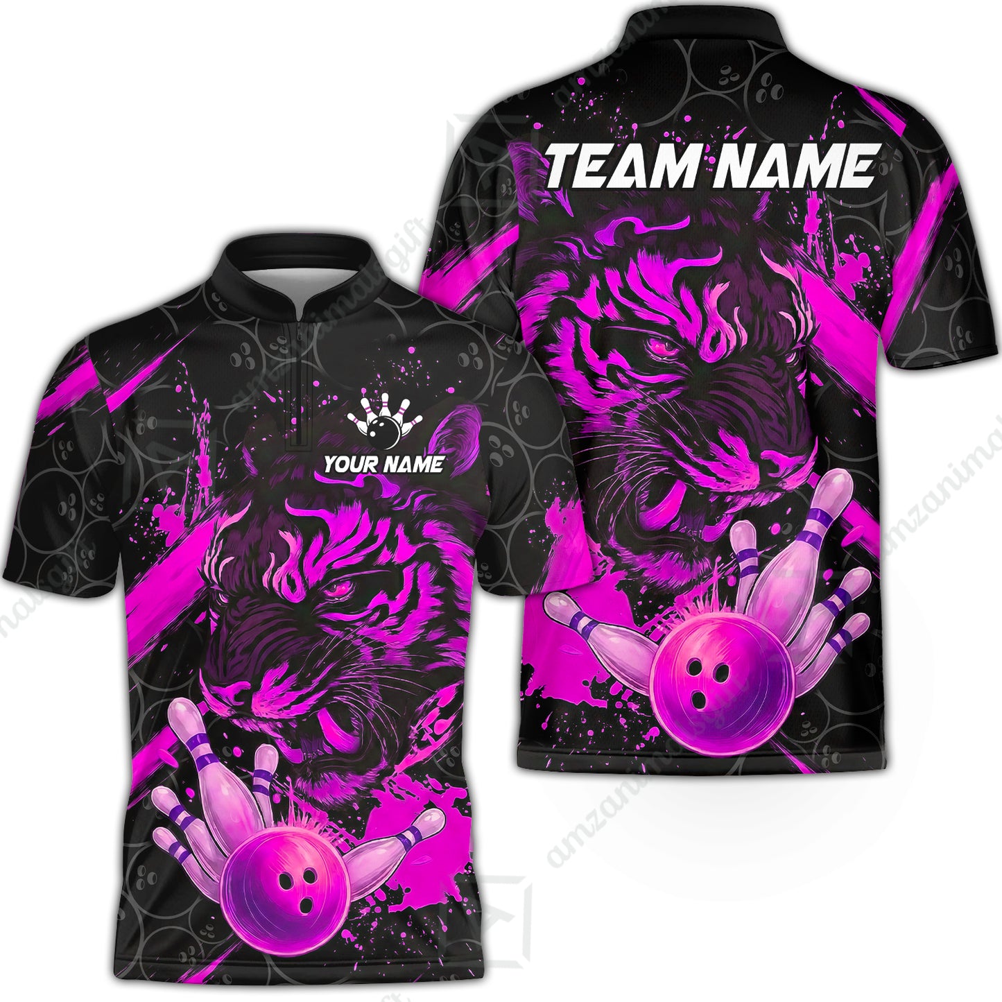 Customized Bowling Unisex Polo Shirt, Tiger Ball Striking Pins, Bowling Uniforms, Personalized Name And Team Name