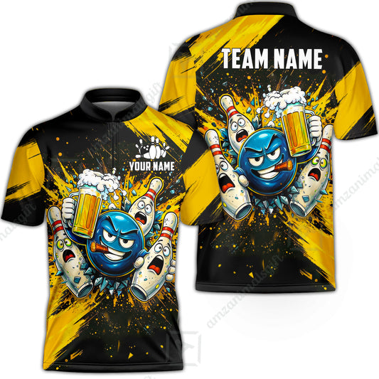 Custom Bowling Jersey Polo Shirt, Badass Ball Beer Splash, Custom Bowling Jersey Team Shirt For Players With Name & Team Name