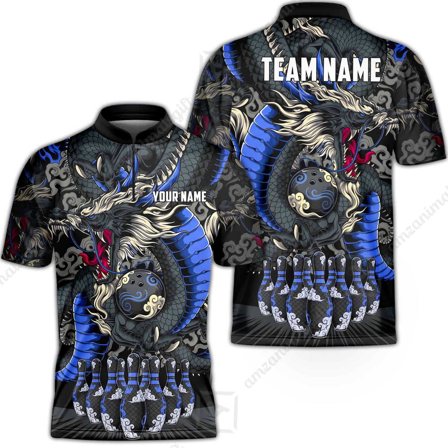 Custom Bowling Jersey Polo Shirt, Oriental Jade Dragon & Classic Clouds, Custom Bowling Jersey Team Shirt For Players With Name & Team Name