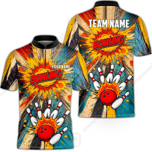 Custom Bowling Jersey Polo Shirt, Retro Comic Book Explosion, Custom Bowling Jersey Team Shirt For Players With Name and Team Name