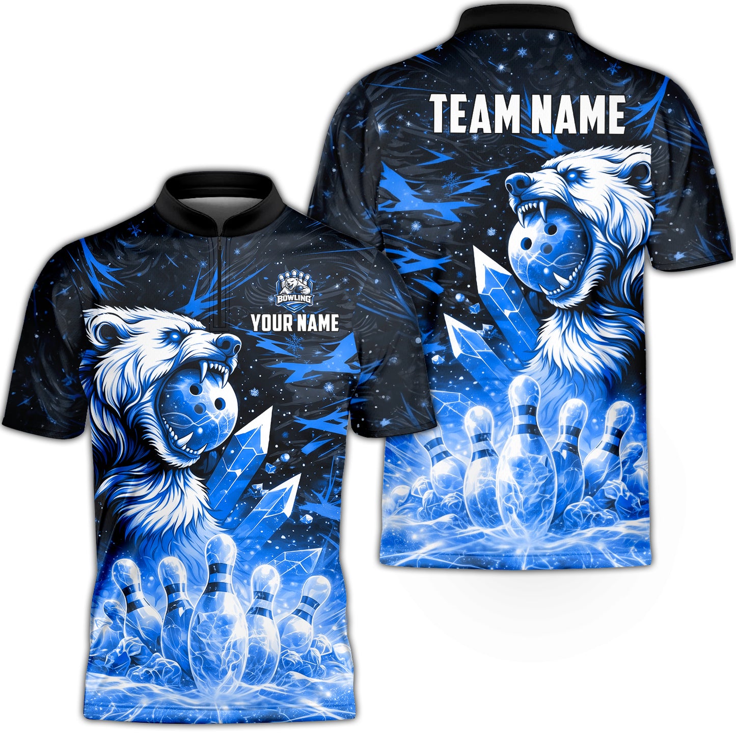 Custom Bowling Jersey Polo Shirt, Arctic Bear & Crystal Galaxy, Custom Bowling Jersey Team Shirt For Players With Name & Team Name