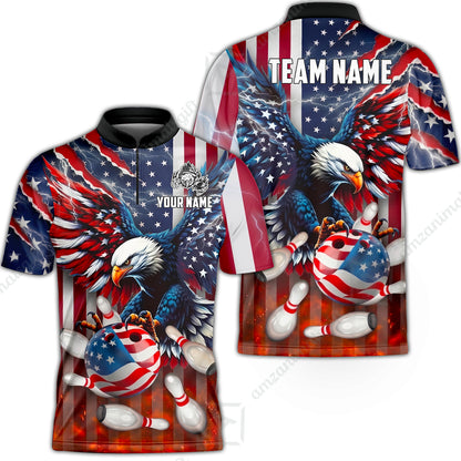 Customized Patriotic American Flag Eagle Bowling Jersey, Custom Name And Team Name For Bowlers