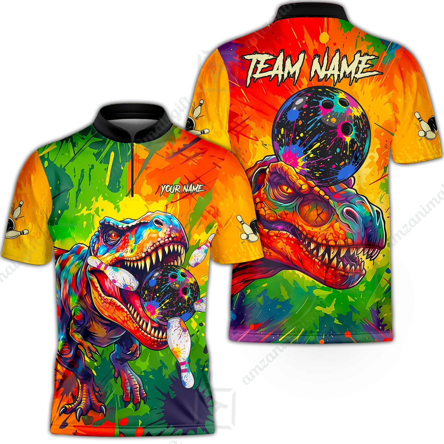 Custom Bowling Jersey Polo Shirt, Colorful Splatter T-Rex Dino, Custom Bowling Jersey Team Shirt For Players With Name and Team Name