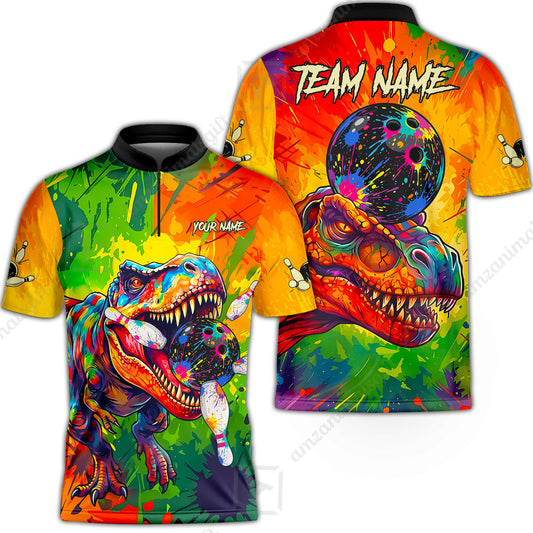 Custom Bowling Jersey Polo Shirt, Colorful Splatter T-Rex Dino, Custom Bowling Jersey Team Shirt For Players With Name and Team Name