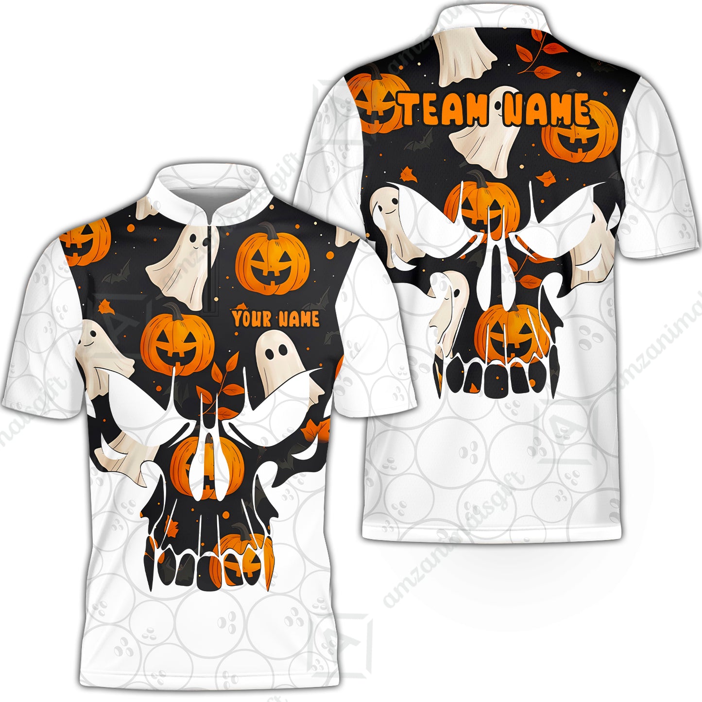 Custom Bowling Jersey Polo Shirt, Halloween Pattern Skull, Custom Bowling Jersey Team Shirt For Players With Name & Team Name