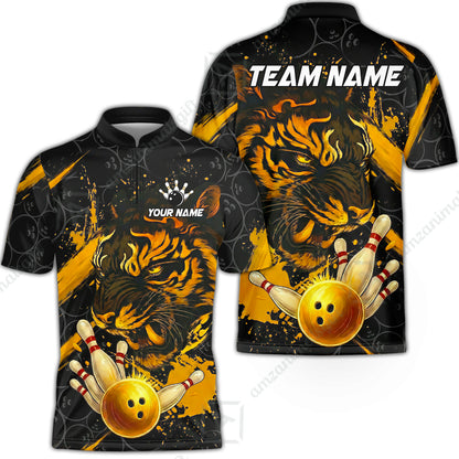 Customized Bowling Unisex Polo Shirt, Tiger Ball Striking Pins, Bowling Uniforms, Personalized Name And Team Name