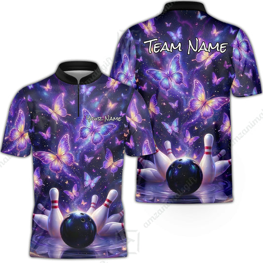 Custom Bowling Jersey Polo Shirt, Galaxy Butterfly Aesthetic Bowling, Custom Bowling Jersey Team Shirt For Players With Name & Team Name
