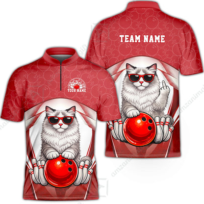 Custom Bowling Polo Shirt, Funny Cat with Sunglasses Bowling Custom Bowling Polo Team Shirt For Players With Name & Team Name