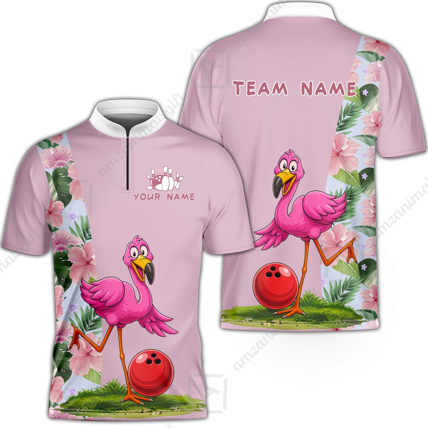 Custom Bowling Jersey Polo Shirt, Tropical Pink Flamingo Floral, Custom Bowling Jersey Team Shirt For Players With Name and Team Name