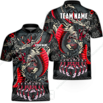 Custom Bowling Jersey Polo Shirt, Oriental Jade Dragon & Classic Clouds, Custom Bowling Jersey Team Shirt For Players With Name & Team Name
