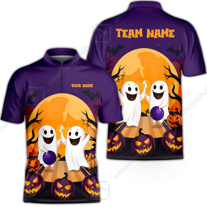 Custom Bowling Jersey Polo Shirt, Bowling Ghost Pumpkin Halloween, Personalized Name And Team Name