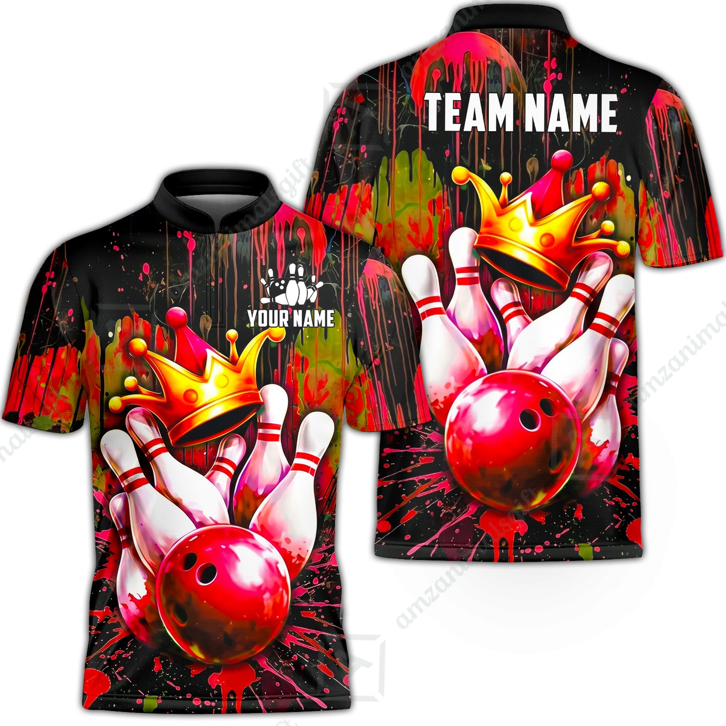 Custom Bowling Jersey Polo Shirt, Neon King Crown, Custom Bowling Jersey Team Shirt For Players With Name and Team Name