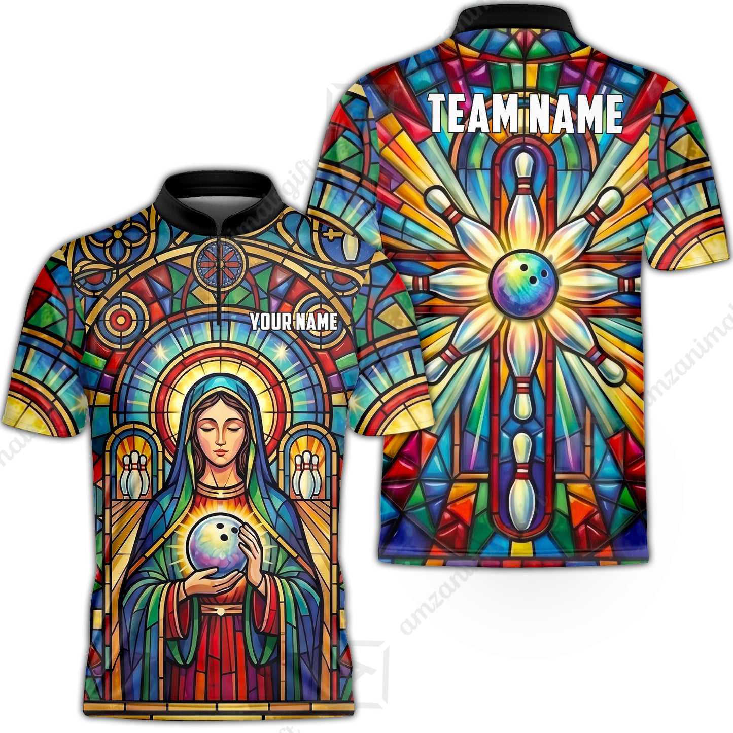 Custom Bowling Jersey Polo Shirt, Stained Glass Sacred Strike, Custom Bowling Jersey Team Shirt For Players With Name & Team Name