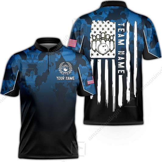Custom Bowling Jersey Polo Shirt, Tactical Camo Patriotic Flag, Custom Bowling Jersey Team Shirt For Players With Name and Team Name