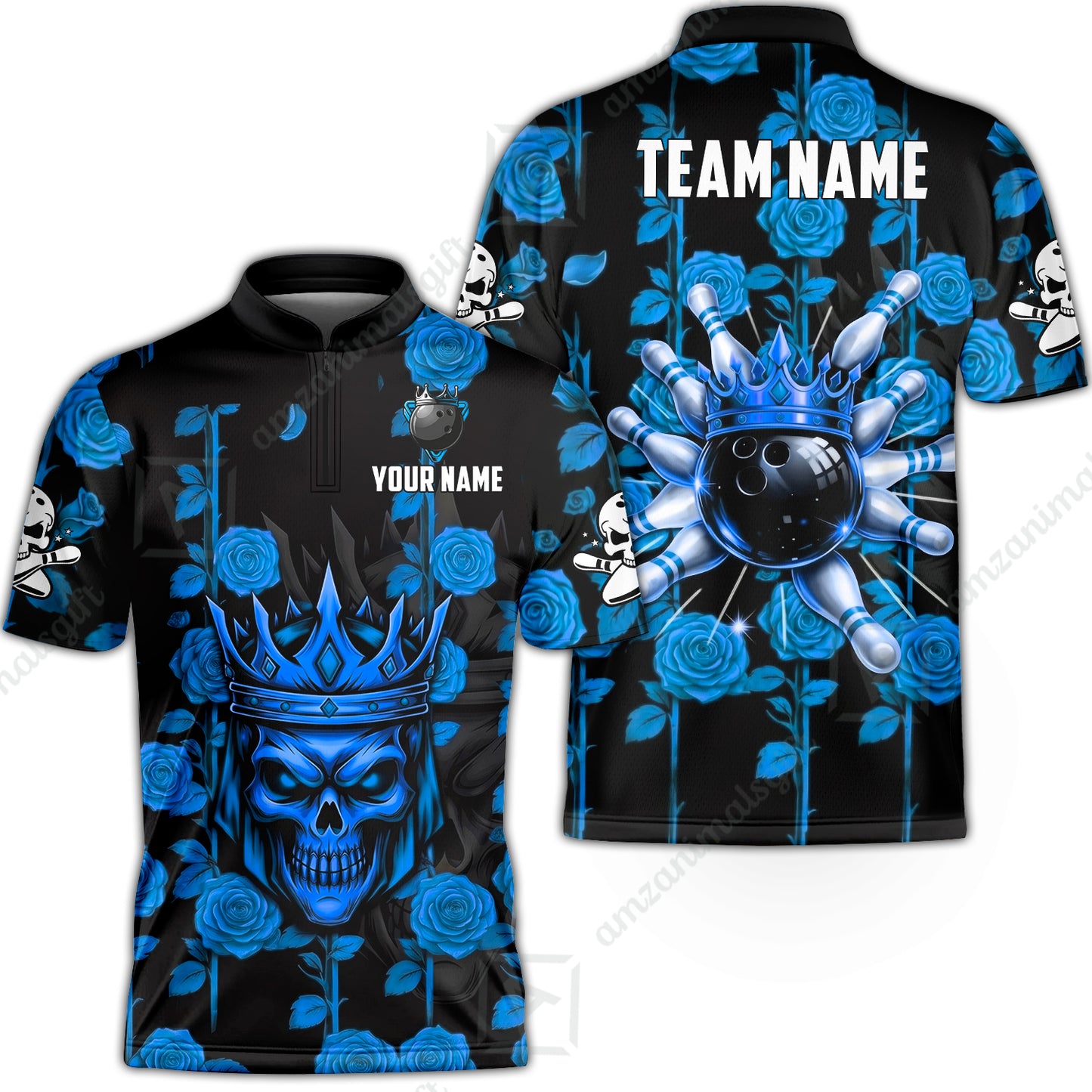 Custom Bowling Jersey Polo Shirt, Royal Skull Bowling, Custom Bowling Jersey Team Shirt For Players With Name & Team Name