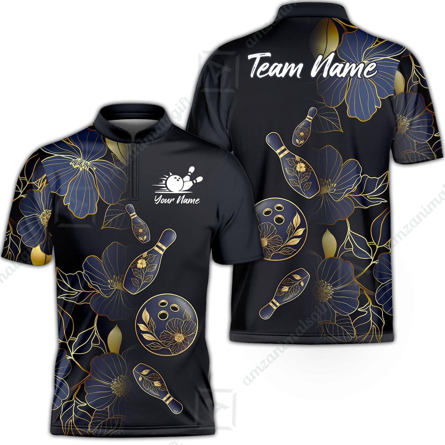 Custom Bowling Jersey Polo Shirt, Flower Bowling Pattern Gradient Gold, Custom Bowling Jersey Team Shirt For Players With Name and Team Name