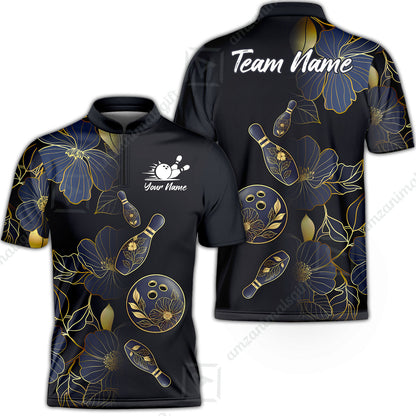 Custom Bowling Jersey Polo Shirt, Flower Bowling Pattern Gradient Gold, Custom Bowling Jersey Team Shirt For Players With Name and Team Name