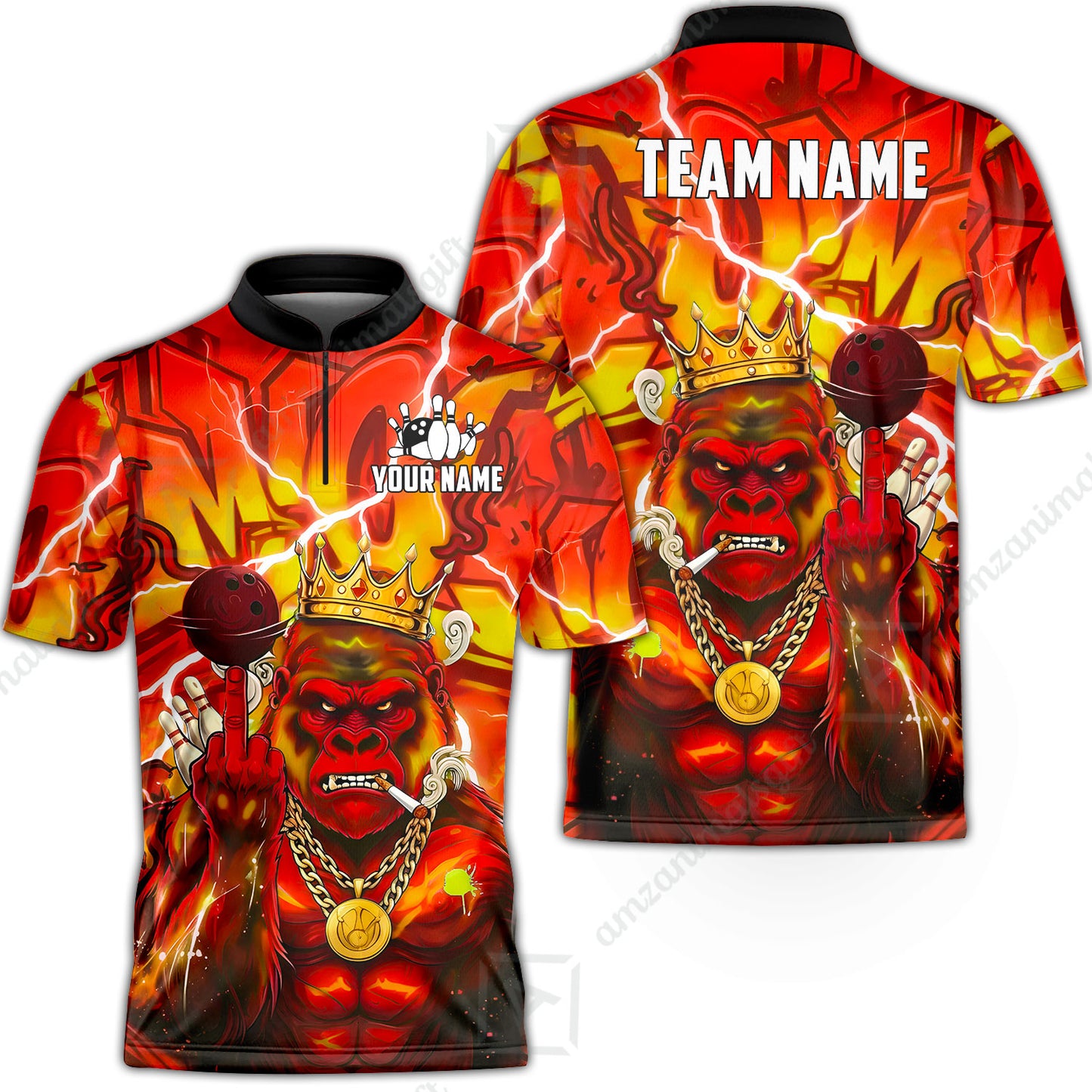 Custom Bowling Jersey Polo Shirt, Rebellious Gorilla King & Street Graffiti, Custom Bowling Jersey Team Shirt For Players With Name & Team Name