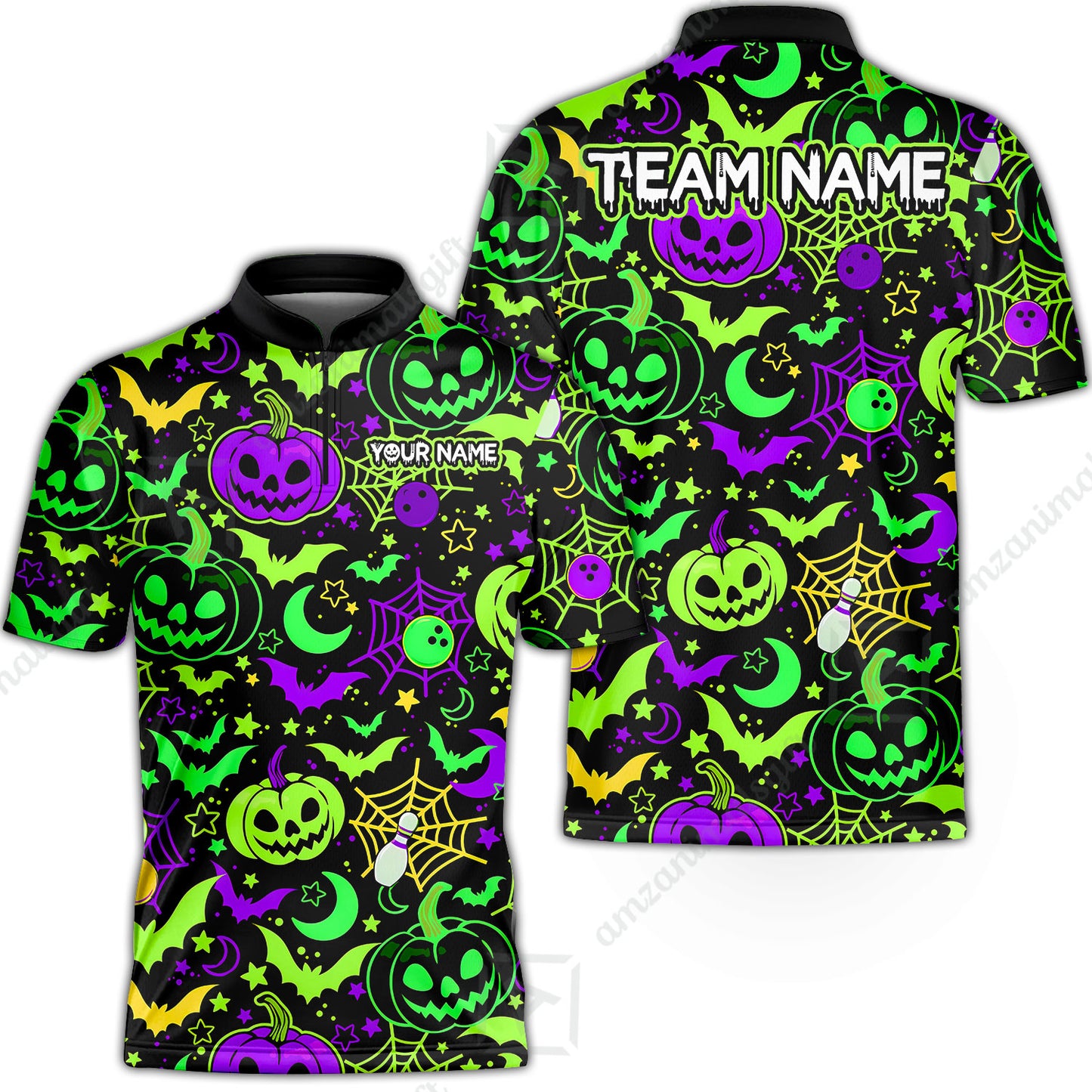 Customized Bowling Shirt, Neon Halloween Pattern Bowling And Pin Pumpkins Spider Bat, Personalized Polo Shirt For Players With Name & Team Name