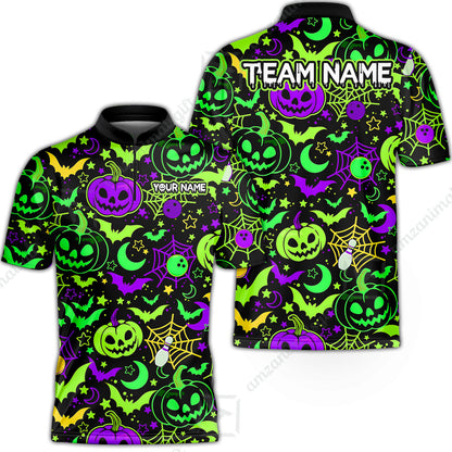 Customized Bowling Shirt, Neon Halloween Pattern Bowling And Pin Pumpkins Spider Bat, Personalized Polo Shirt For Players With Name & Team Name
