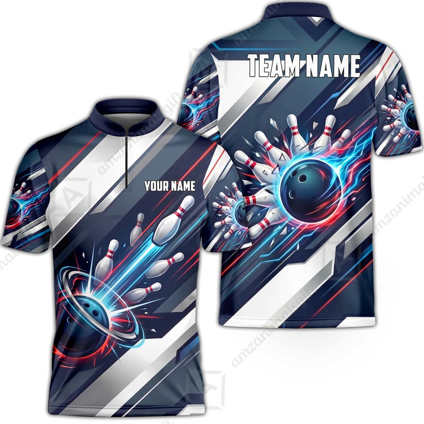 Custom Bowling Jersey Polo Shirt, Futuristic Cyber Electric Strike, Custom Bowling Jersey Team Shirt For Players With Name and Team Name