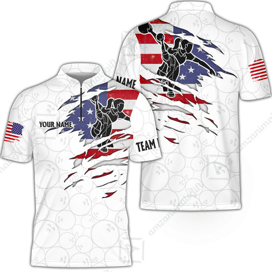 Custom Bowling Jersey Polo Shirt, American Flag Ripped Design, Custom Bowling Jersey Team Shirt For Players With Name & Team Name
