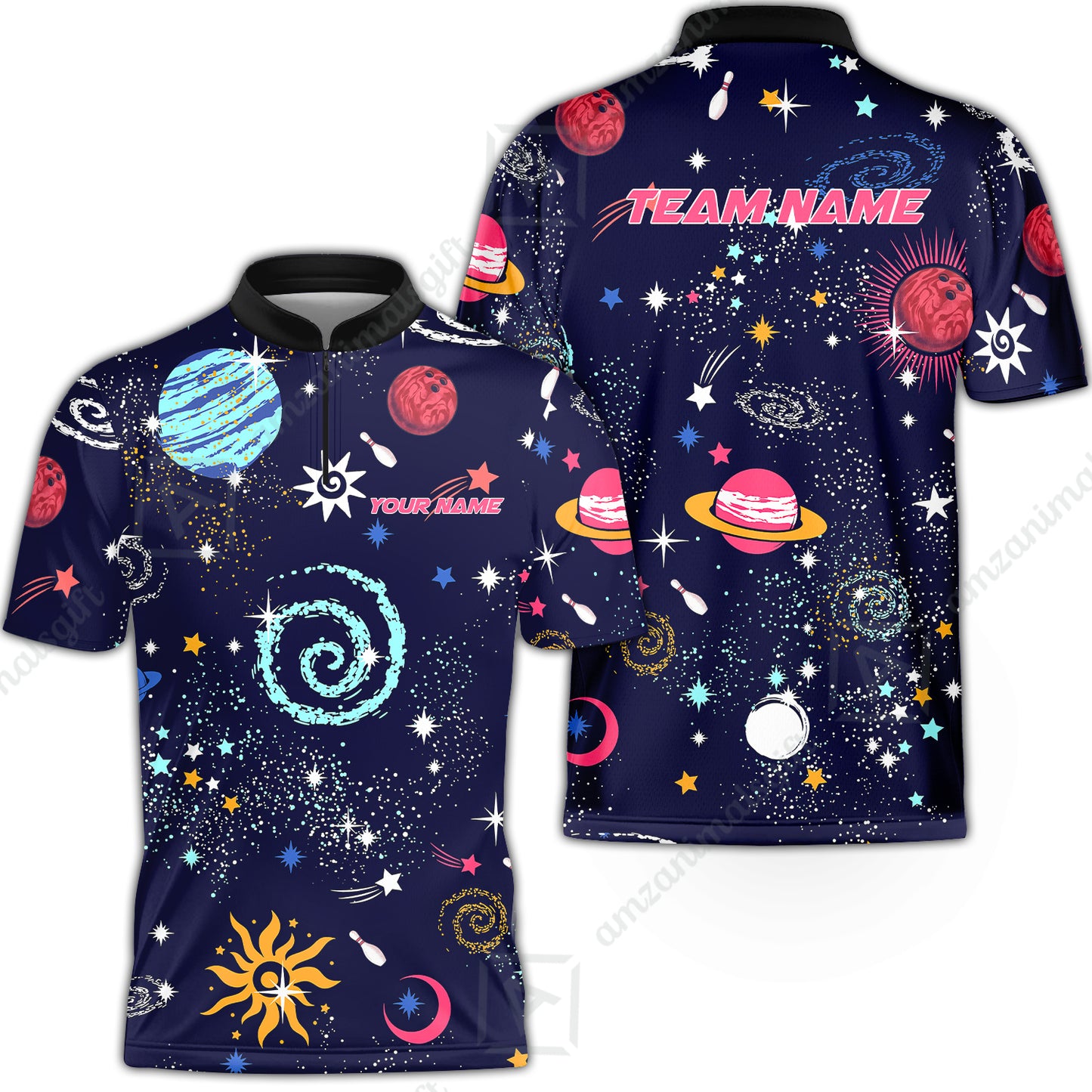 Custom Bowling Jersey Polo Shirt, Galaxy Pattern Shirt, Custom Bowling Jersey Team Shirt For Players With Name and Team Name