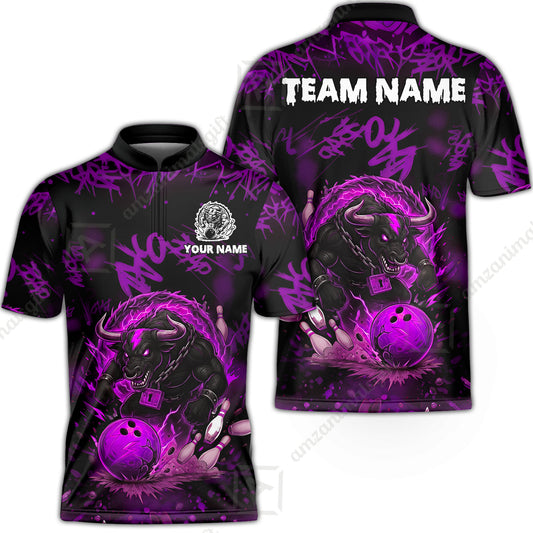 Custom Bowling Team Flat Neck Zip Jersey Shirt, Fire Muscle Bull With Bowling Personalized Shirt with Name and Team Name