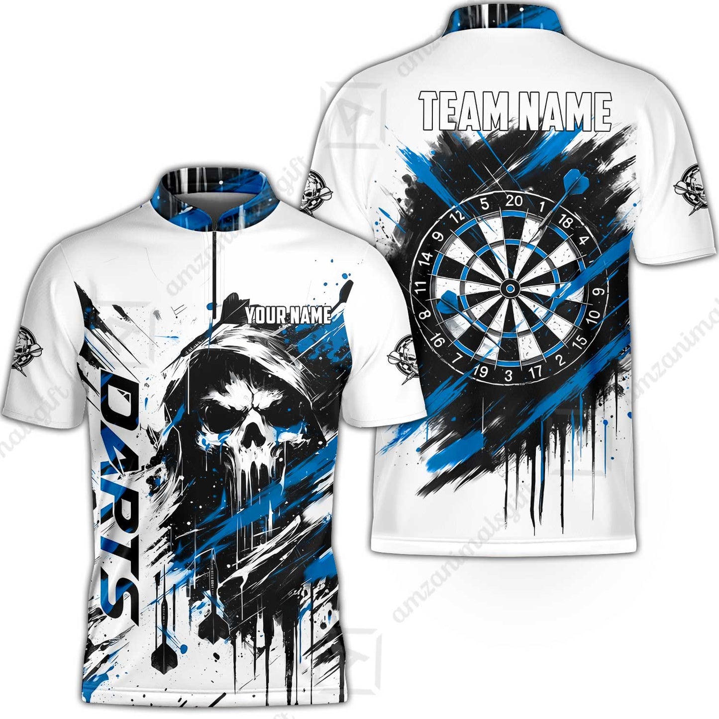 Custom Darts Jersey Polo Shirt, Grim Reaper Sketch Splatter, Custom Dart Jersey Team Shirt For Players With Name & Team Name