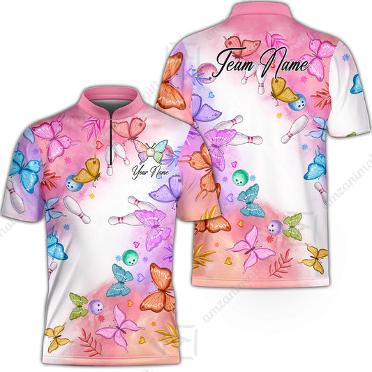 Custom Bowling Jersey Polo Shirt, Whimsical Butterfly Watercolor, Custom Bowling Jersey Team Shirt For Players With Name and Team Name