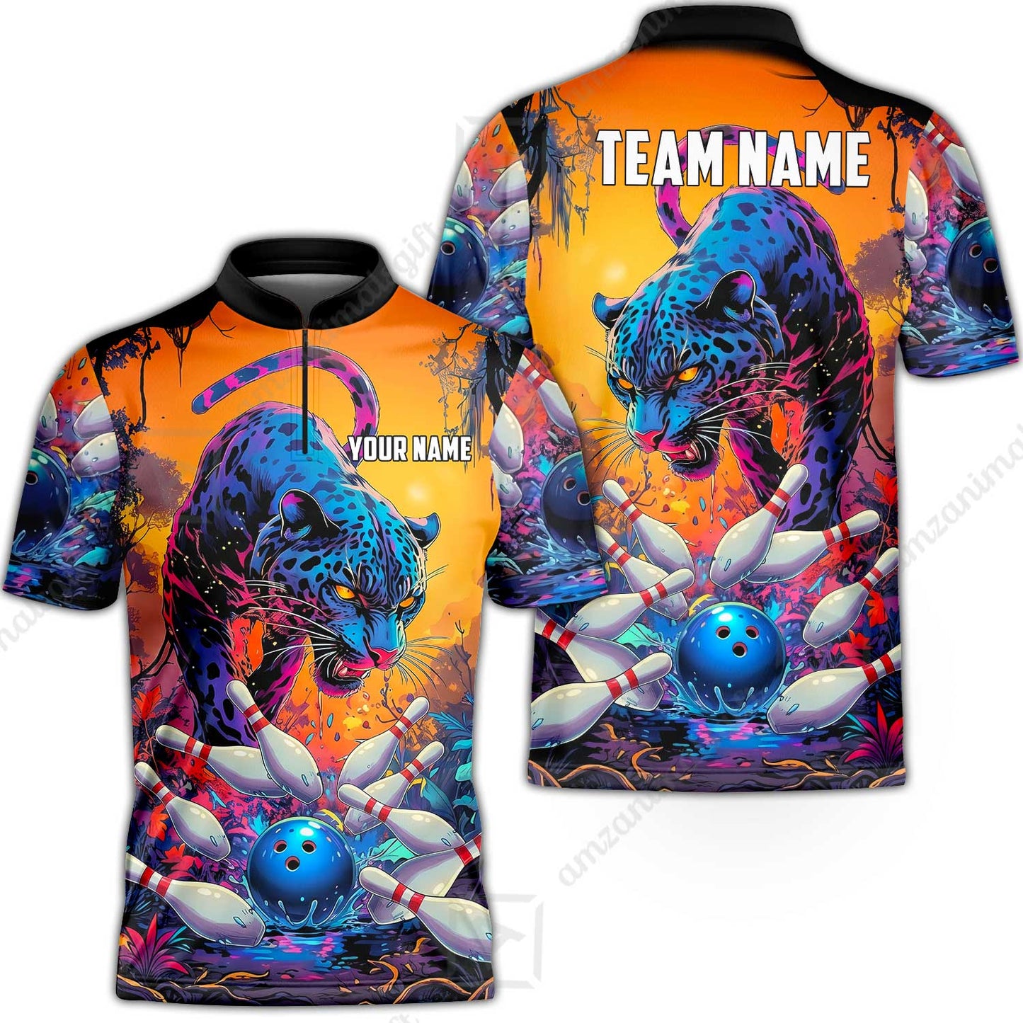 Custom Bowling Jersey Polo Shirt, Psychedelic Neon Jungle Jaguar, Custom Bowling Jersey Team Shirt For Players With Name and Team Name