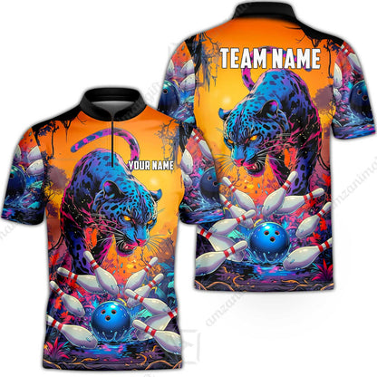 Custom Bowling Jersey Polo Shirt, Psychedelic Neon Jungle Jaguar, Custom Bowling Jersey Team Shirt For Players With Name and Team Name