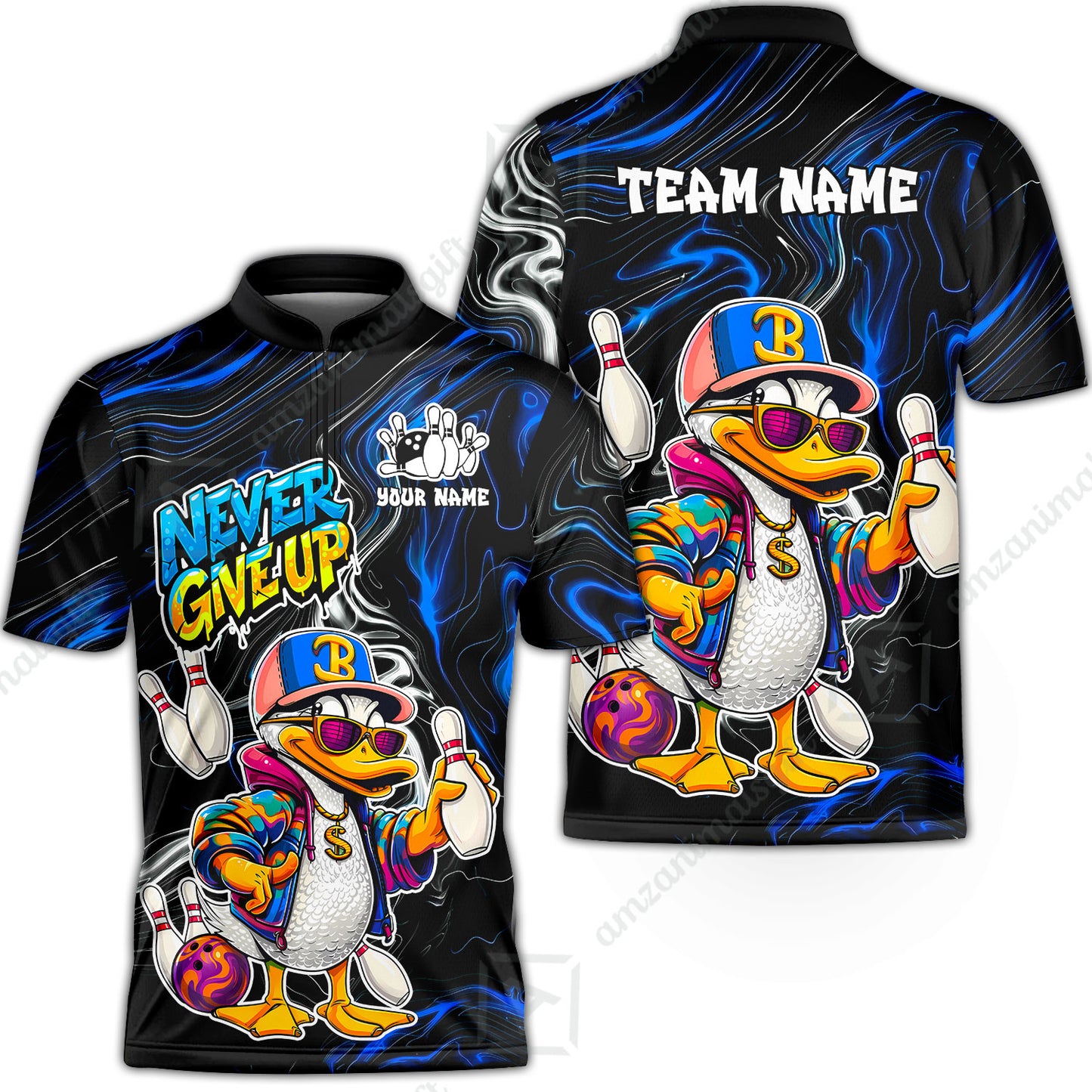 Custom Bowling Jersey Polo Shirt, Duck Never Give Up, Custom Bowling Jersey Team Shirt For Players With Name & Team Name