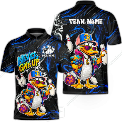 Custom Bowling Jersey Polo Shirt, Duck Never Give Up, Custom Bowling Jersey Team Shirt For Players With Name & Team Name