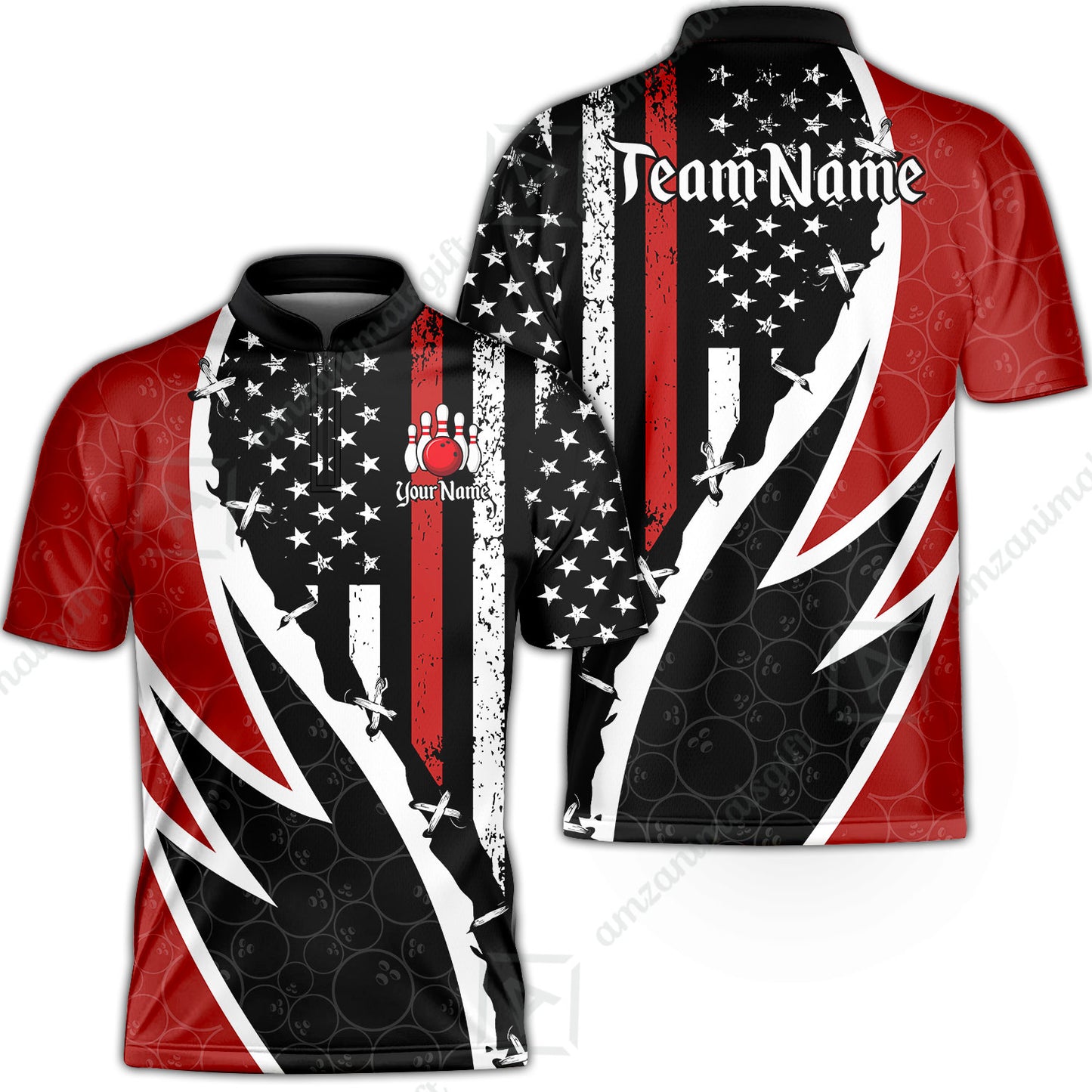 Custom Bowling Jersey Polo Shirt, Thin Red Line With Vintage Distressed American Flag, Personalize Name and Team Name