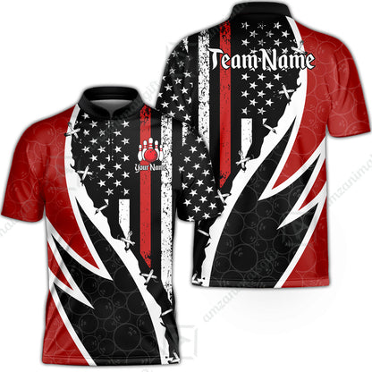 Custom Bowling Jersey Polo Shirt, Thin Red Line With Vintage Distressed American Flag, Personalize Name and Team Name