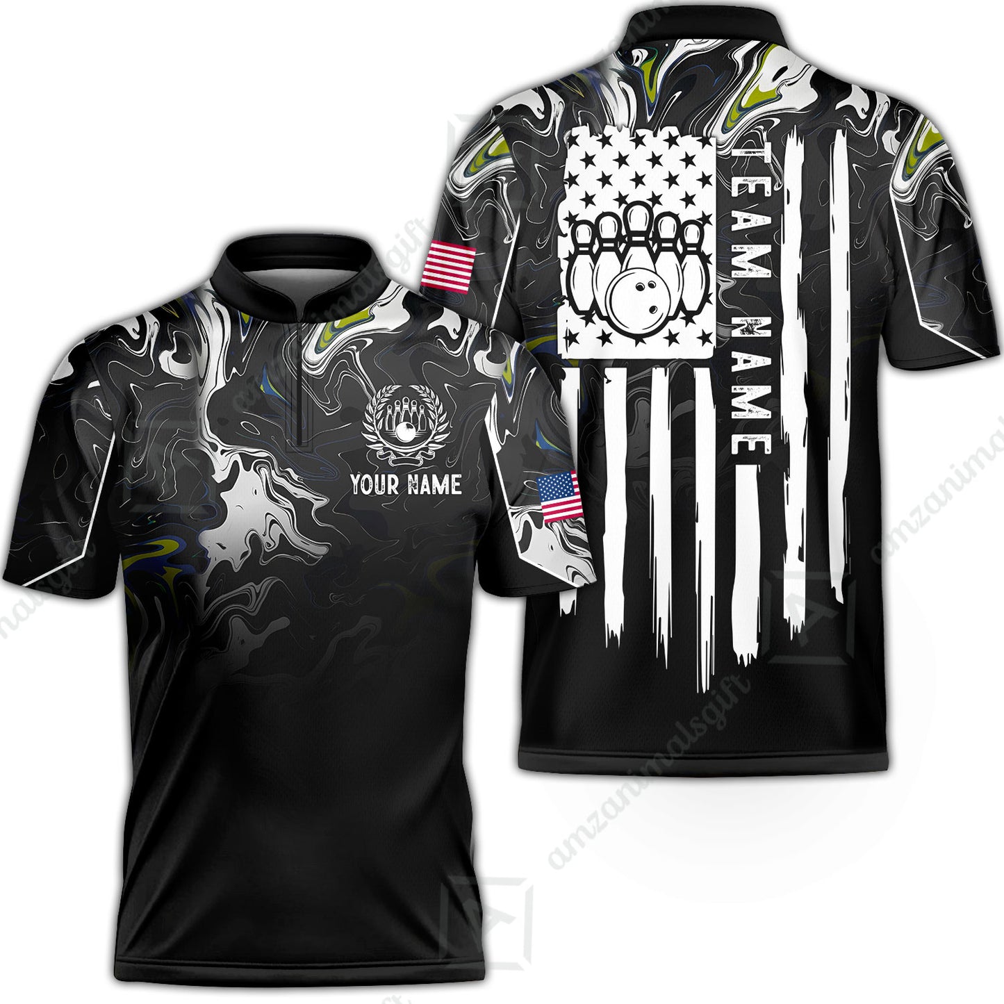 Custom Bowling Jersey Polo Shirt, Monochrome Fluid Marble Patriotic Flag, Custom Bowling Jersey Team Shirt For Players With Name and Team Name